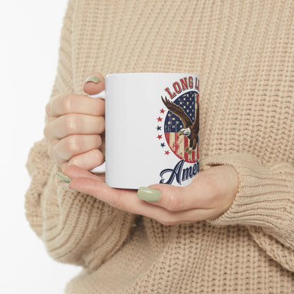 White mug with eagle, stars, and "LONG LIVE AMERICA" text.