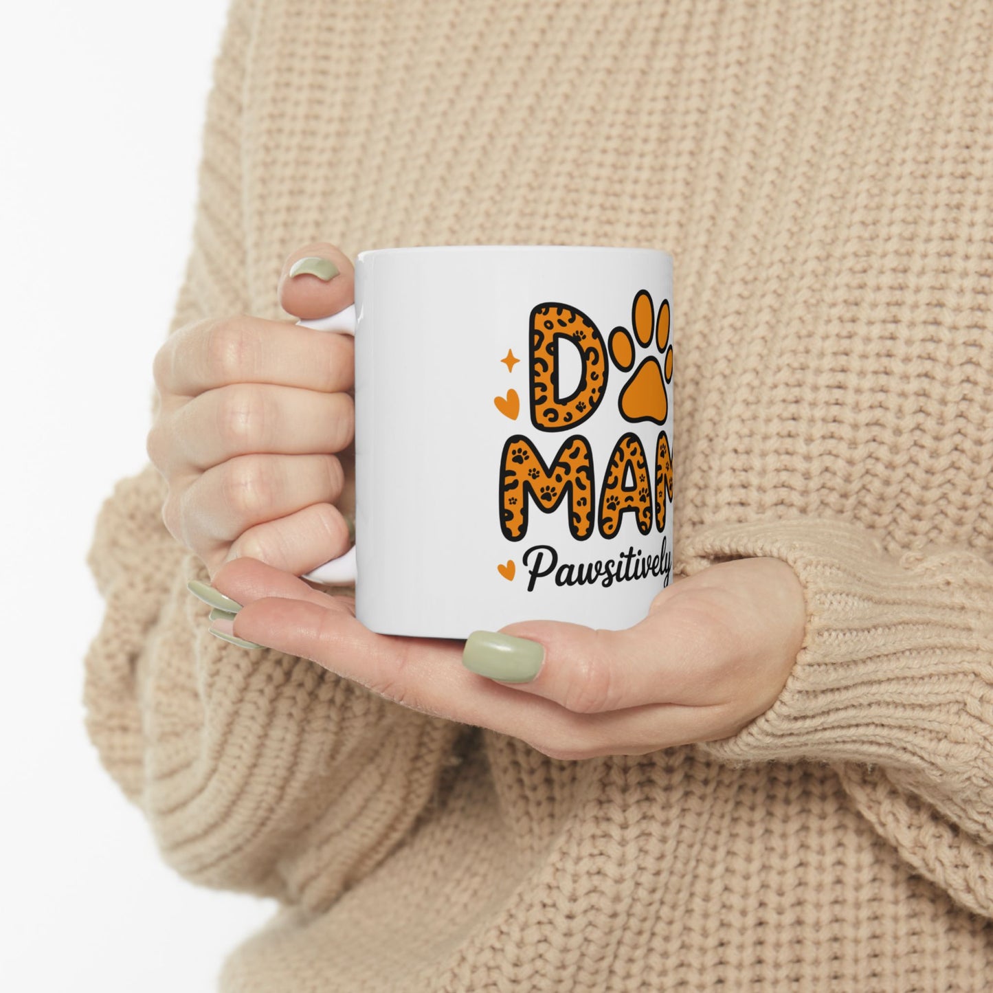 White mug with "Dog Mama" text, paw print, and leopard print.