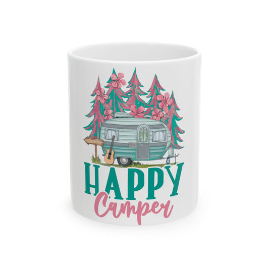 Teal vintage camper with pink flowers and trees, "Happy Camper" text.
