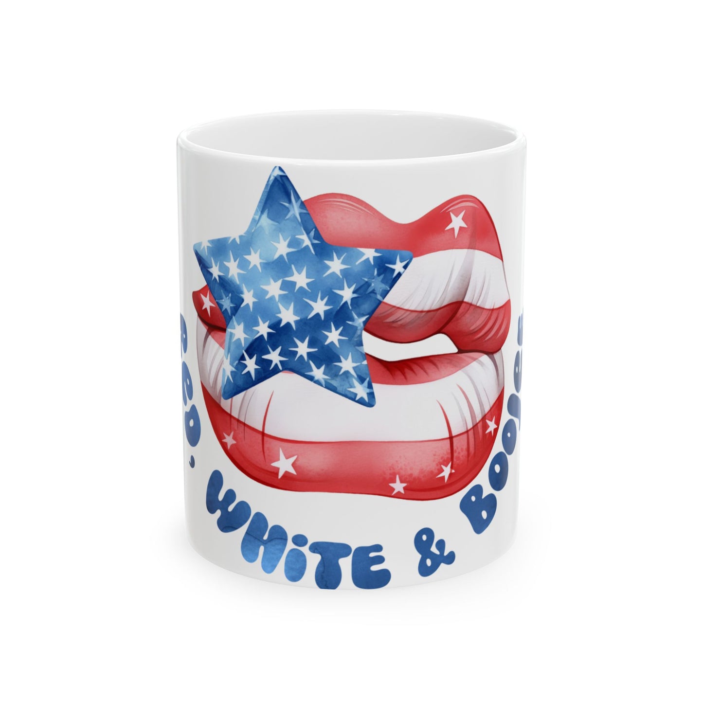 Mug with American flag lips and "Stars, Stripes, White & Blue" text.