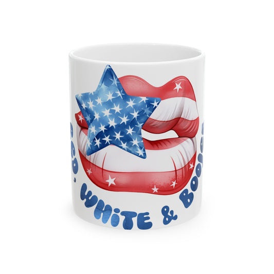 Mug with American flag lips and "Stars, Stripes, White & Blue" text.