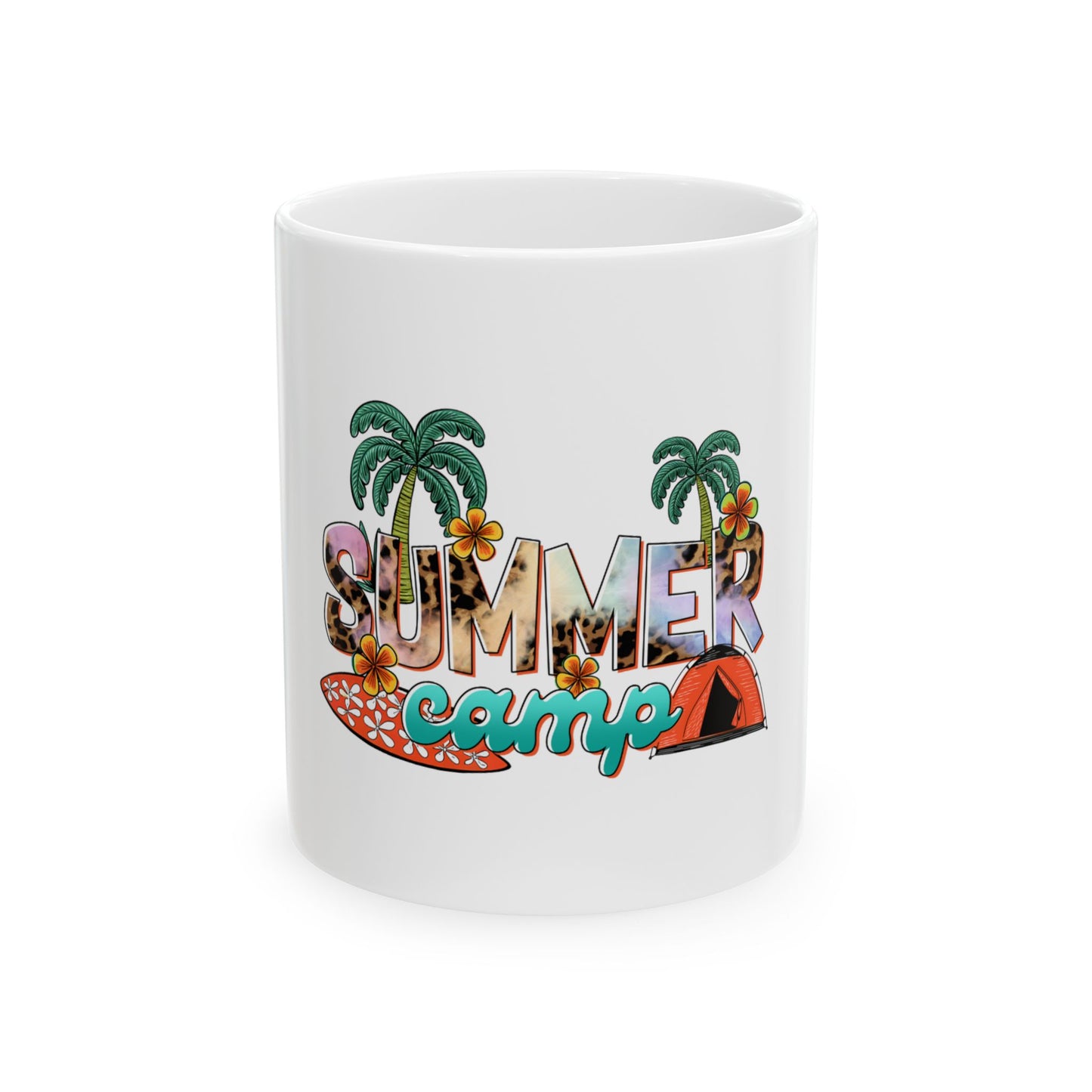 White mug with "SUMMER CAMP" text, palm trees, and a tent.