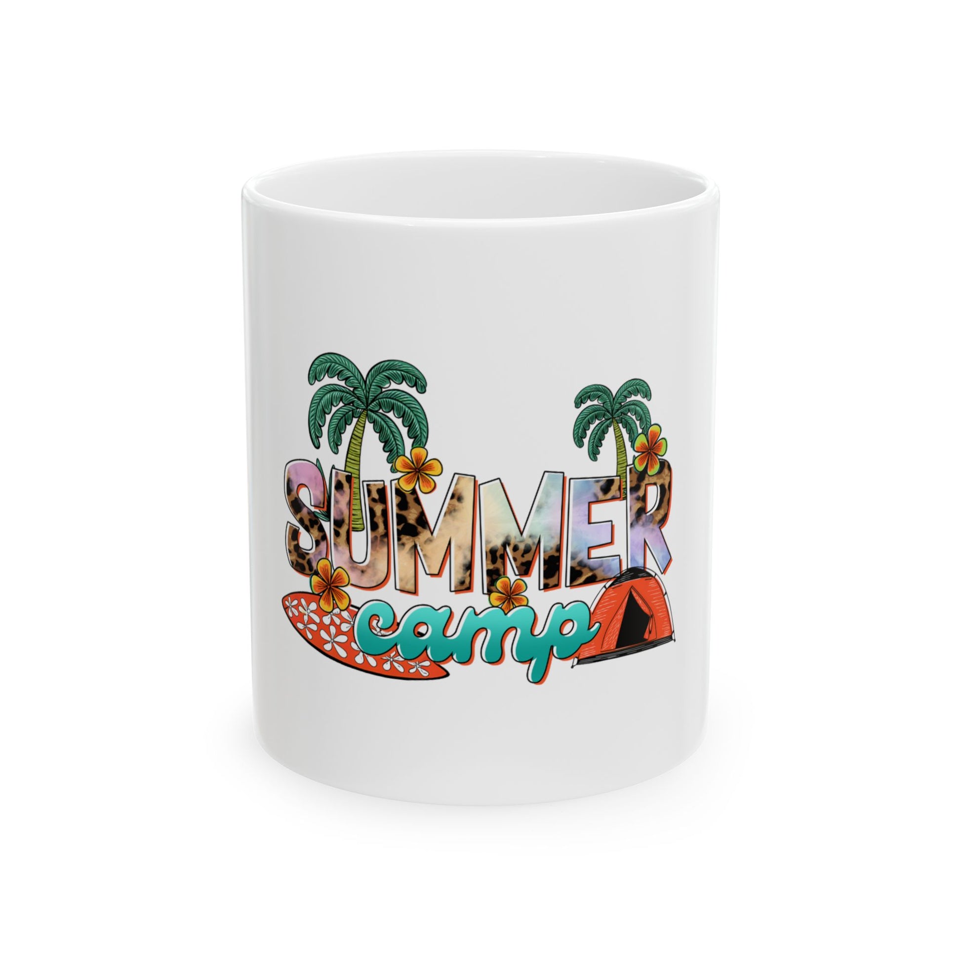 White mug with "SUMMER CAMP" text, palm trees, and a tent.