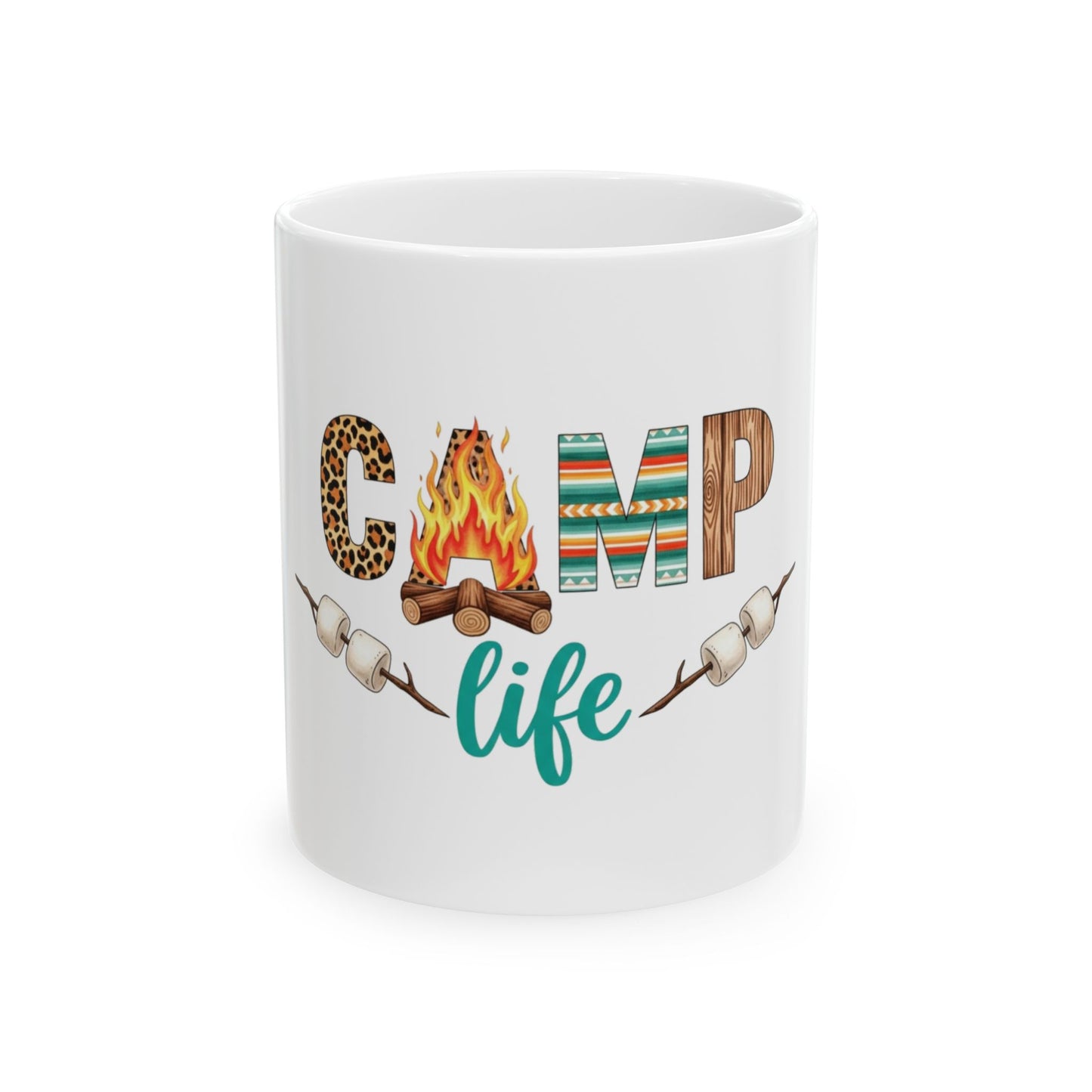 Mug with "CAMP life" text and campfire graphic with marshmallows.