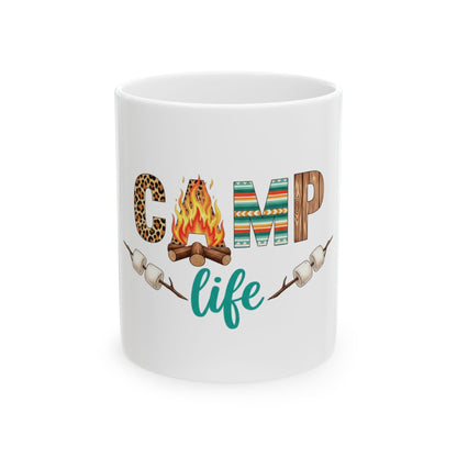 Mug with "CAMP life" text and campfire graphic with marshmallows.