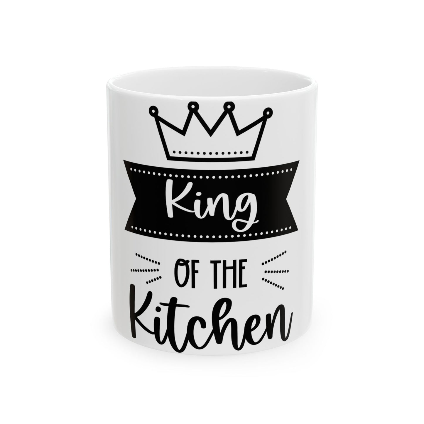 White mug with "King of the Kitchen" text and a crown.