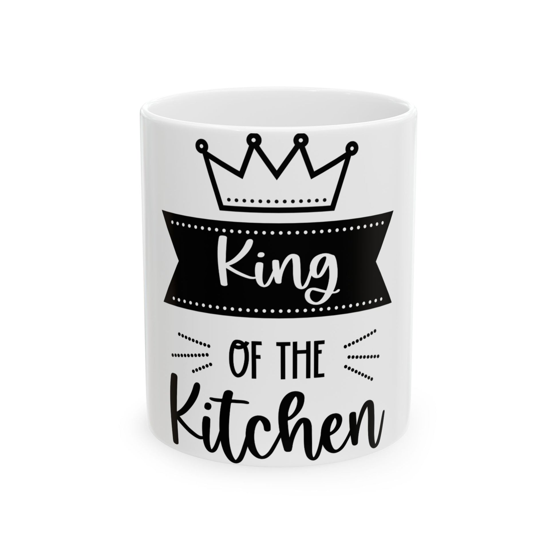 White mug with "King of the Kitchen" text and a crown.