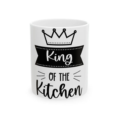 White mug with "King of the Kitchen" text and a crown.
