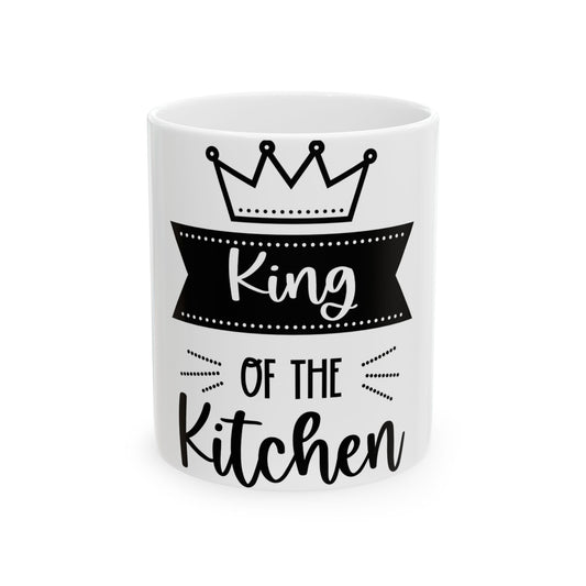 White mug with "King of the Kitchen" text and a crown.