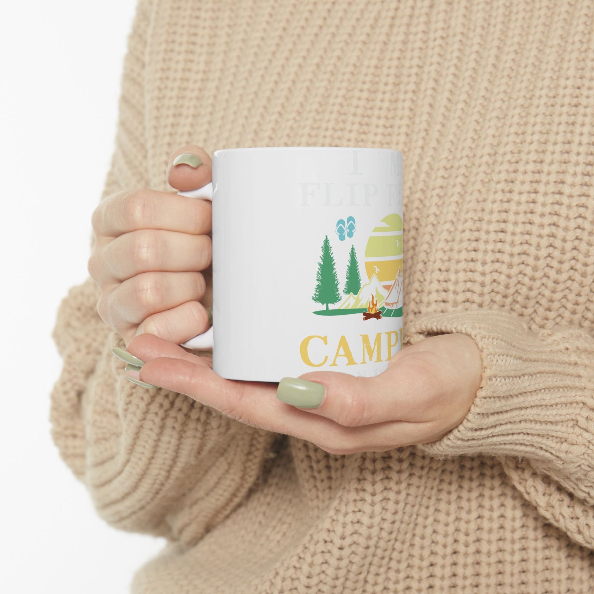 White mug with camping graphic and text "I flip flops and CAMP".