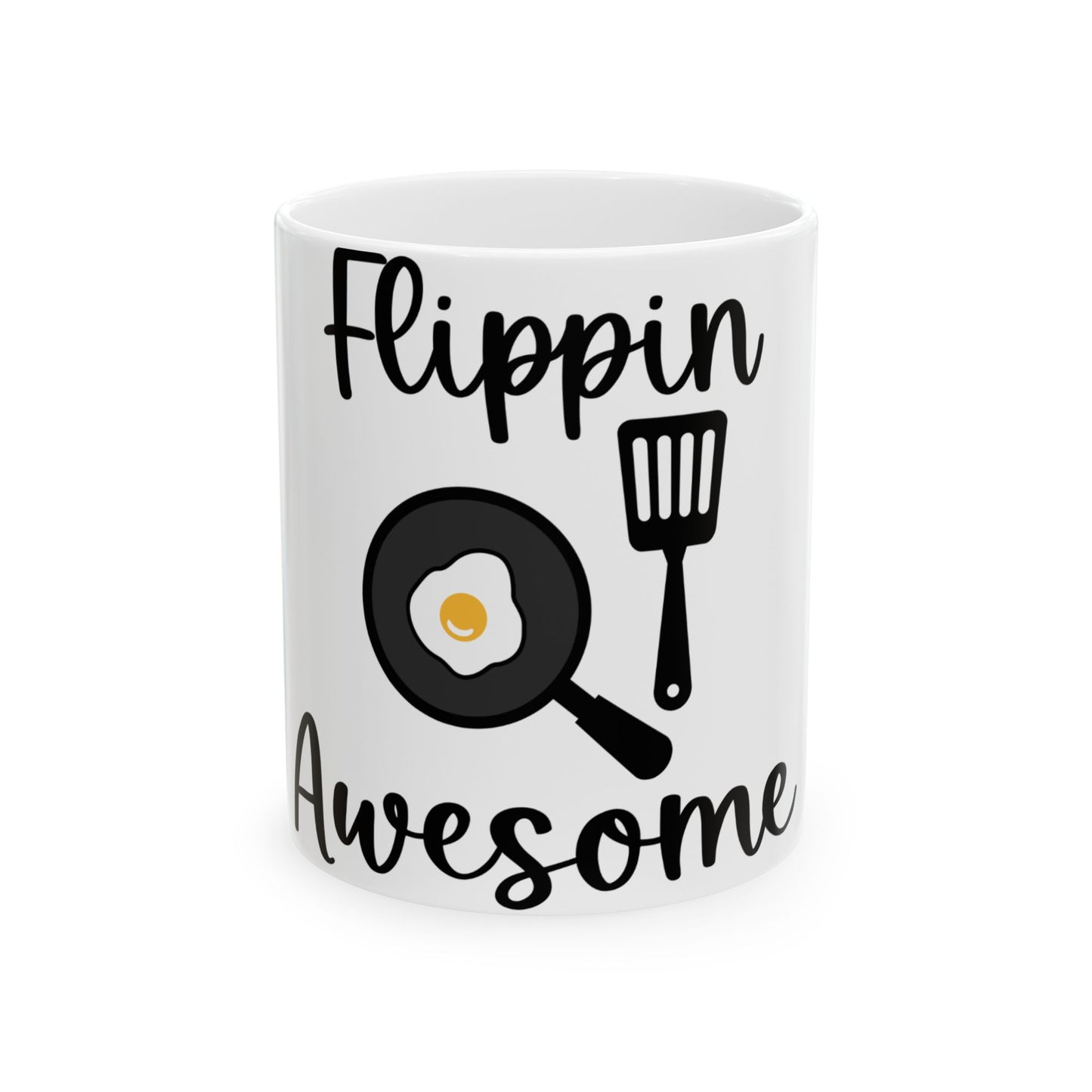 Mug with "Flippin' Awesome" text and fried egg graphic.