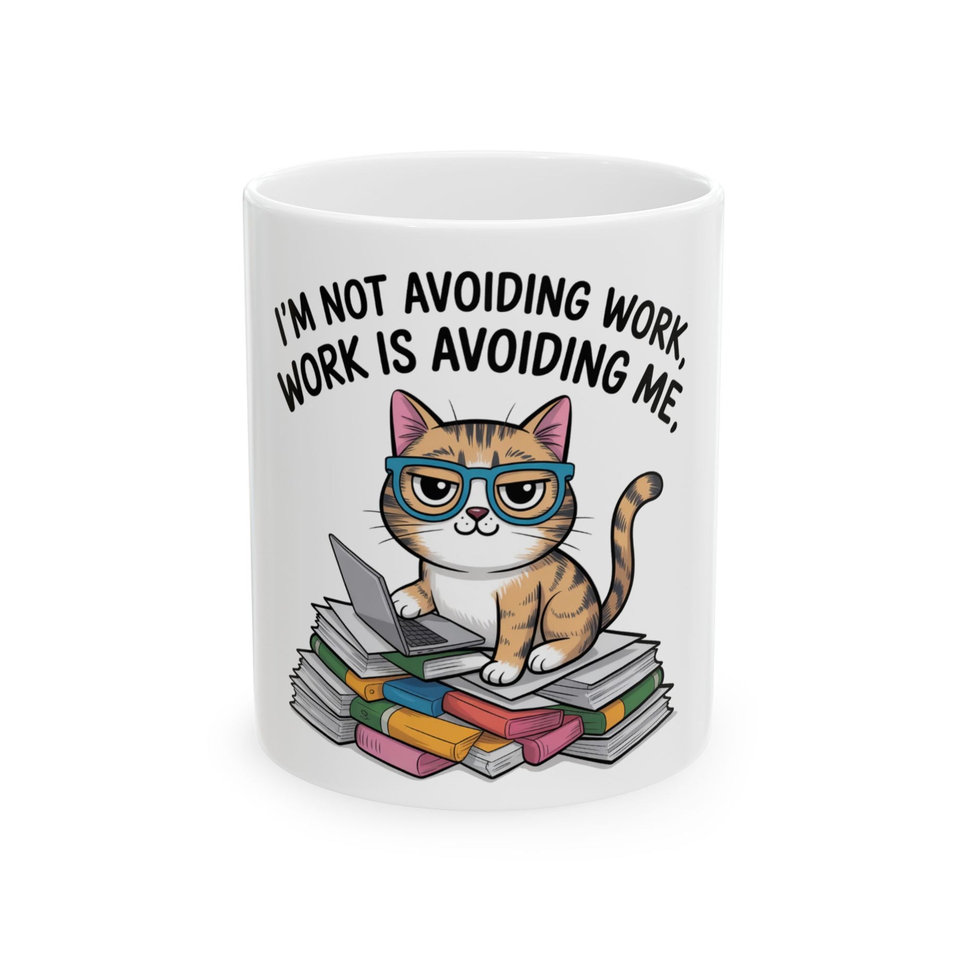 Cat wearing glasses sits on books with laptop, text reads "I'm not avoiding work, work is avoiding me."