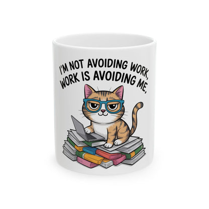 Cat wearing glasses sits on books with laptop, text reads "I'm not avoiding work, work is avoiding me."