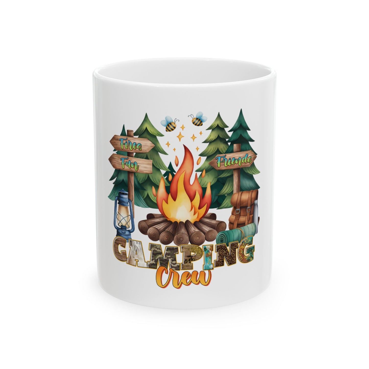 Camping crew mug with campfire, trees, lantern, backpack, and bees.