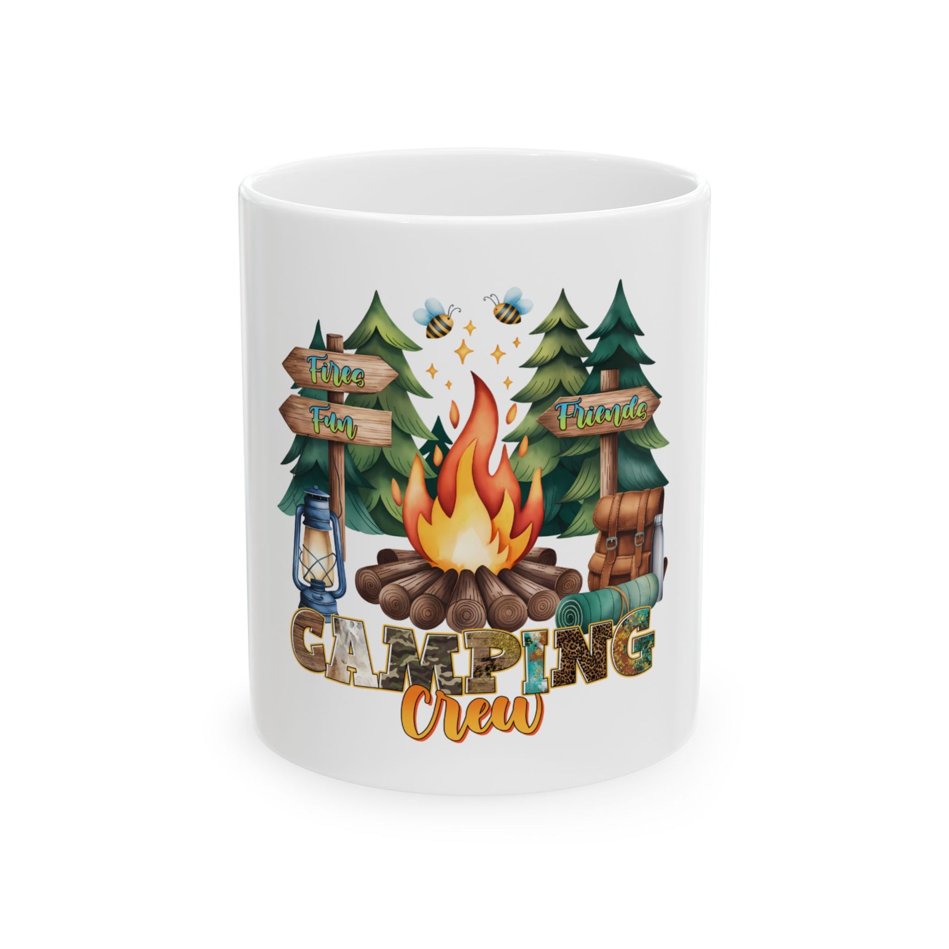Camping crew mug with campfire, trees, lantern, backpack, and bees.