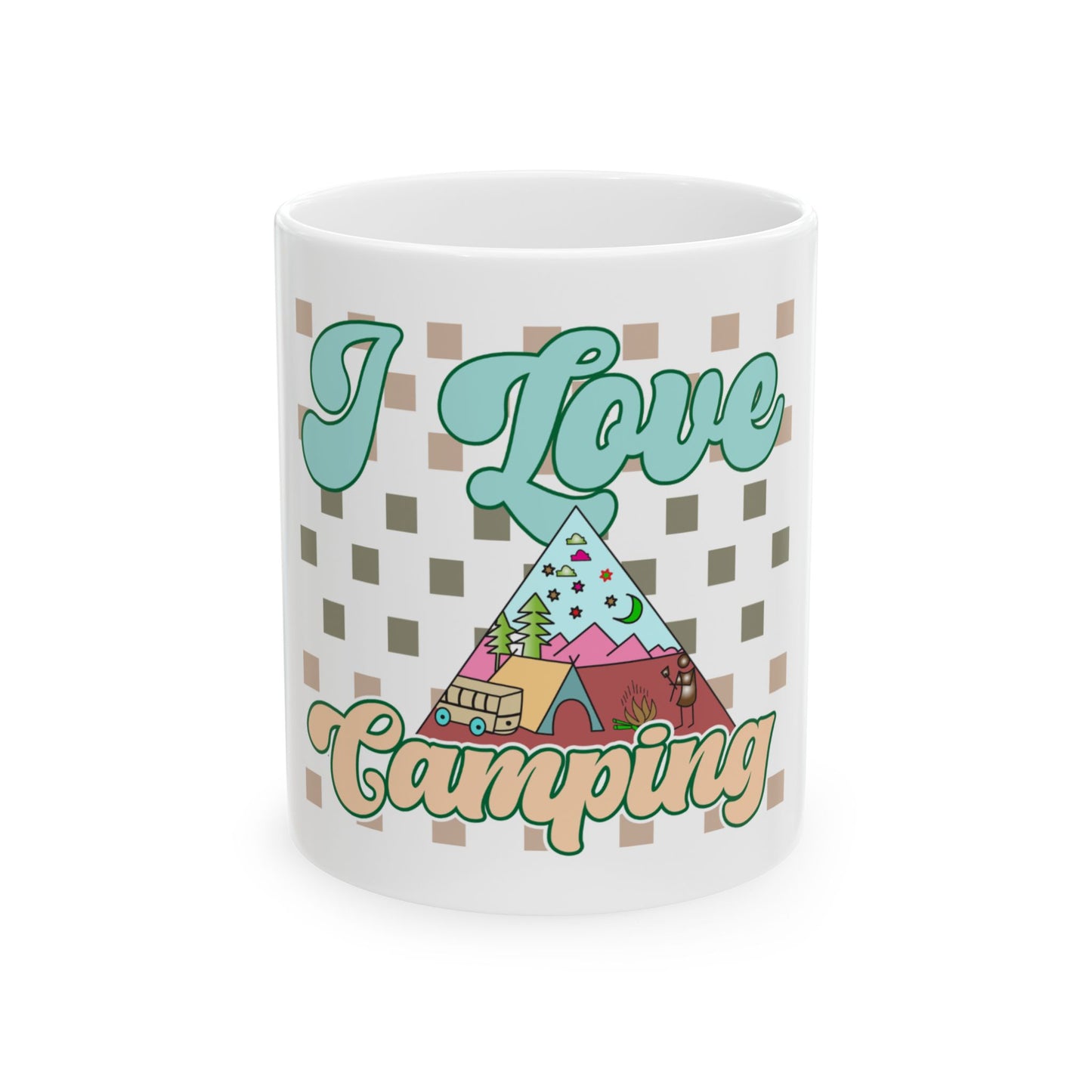 Mug with "I Love Camping" text and colorful camping scene illustration.