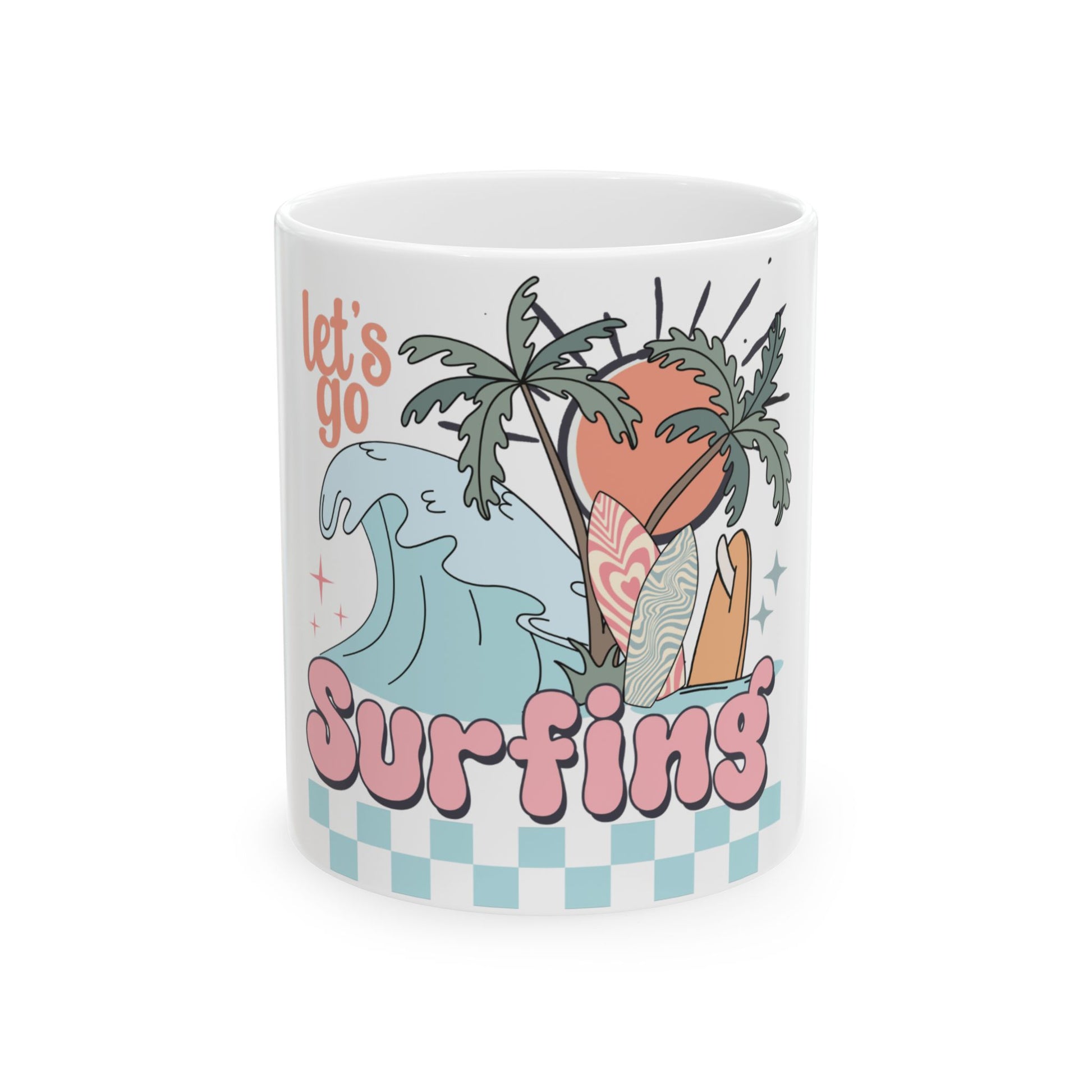 Mug with "let's go Surfing" text and a retro surf graphic.