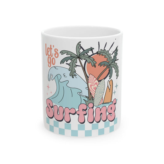 Mug with "let's go Surfing" text and a retro surf graphic.