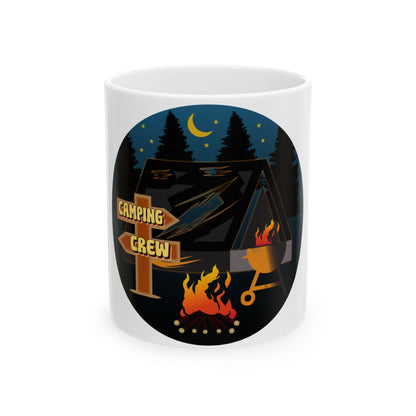 Camping Crew tent, campfire, grill, and starry night scene on a white mug.