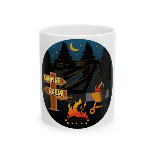 Camping Crew tent, campfire, grill, and starry night scene on a white mug.