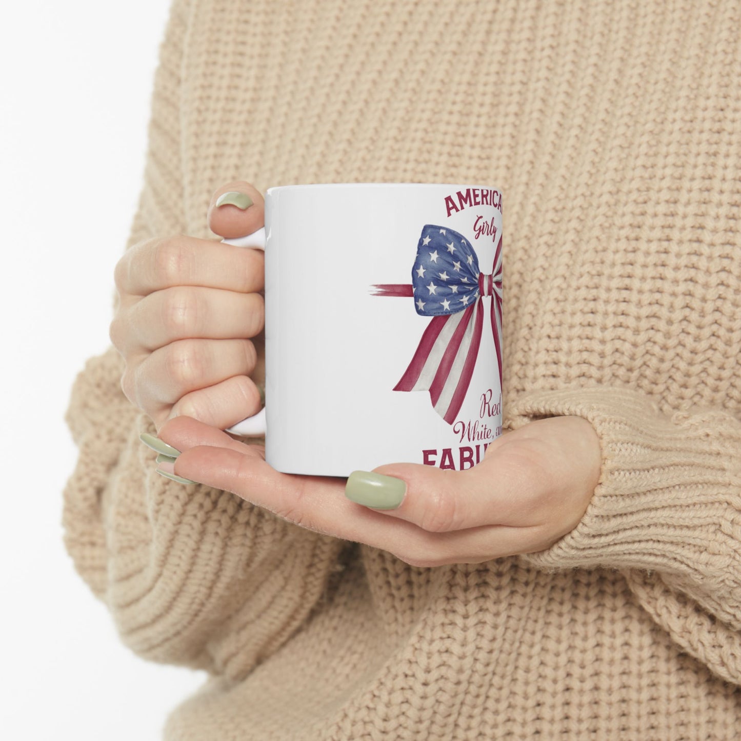 White mug with "America Girly Red White & FABULOUS" and a patriotic bow.
