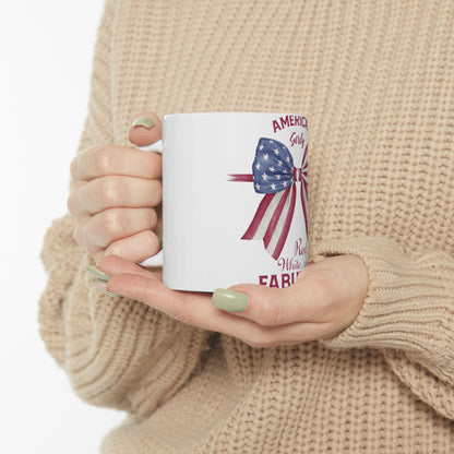 White mug with "America Girly Red White & FABULOUS" and a patriotic bow.