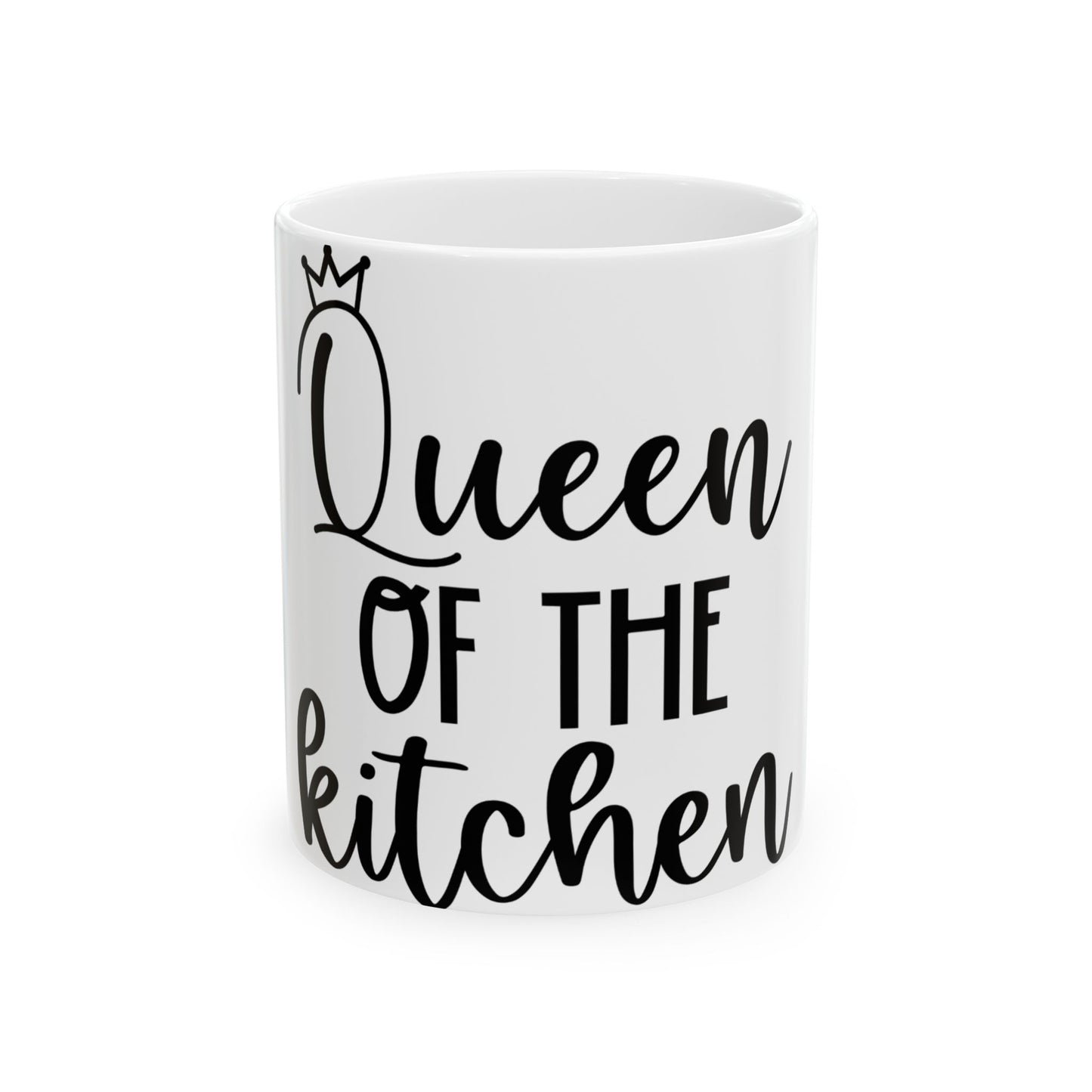 White mug with black text reading "Queen of the kitchen" and a crown.