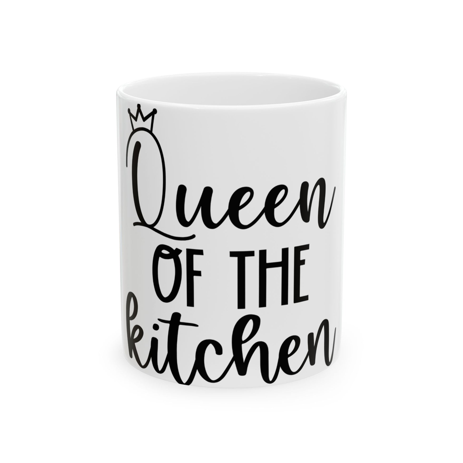 White mug with black text reading "Queen of the kitchen" and a crown.