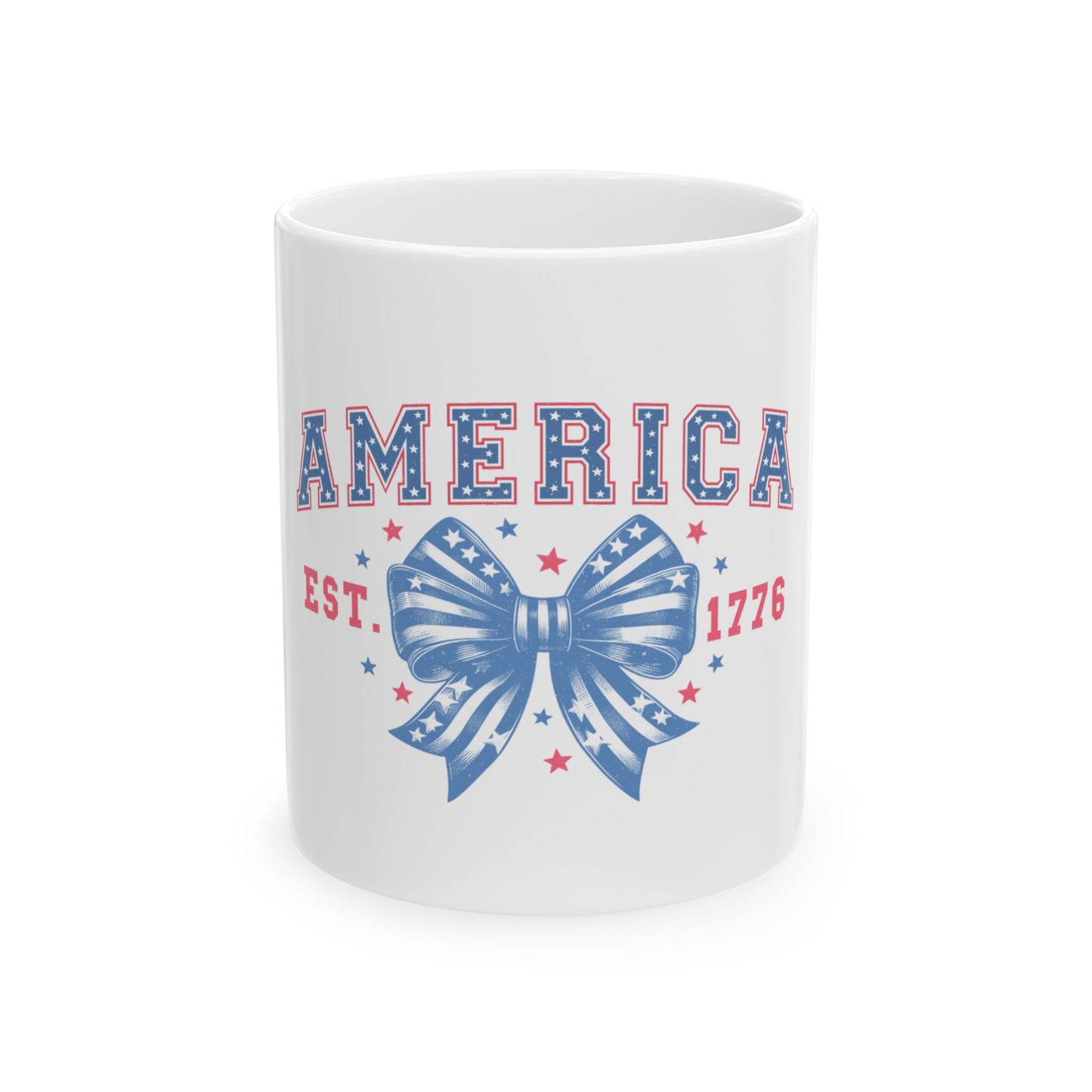 White mug with "AMERICA EST. 1776" and a patriotic ribbon graphic.