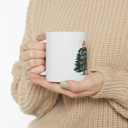 White mug with "Camp more worry less" text and a campfire graphic.