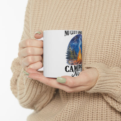 White mug with "No City Lights, Campfires Nights" and a forest campfire scene.