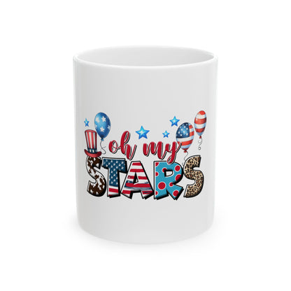 White mug with "oh my STARS" text, American flag, and patriotic balloons.