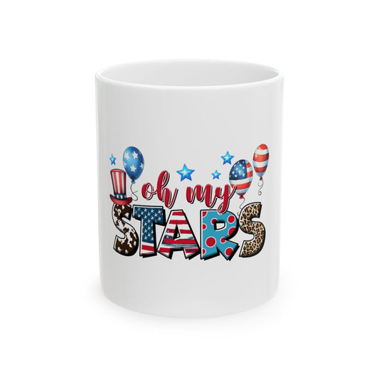 White mug with "oh my STARS" text, American flag, and patriotic balloons.
