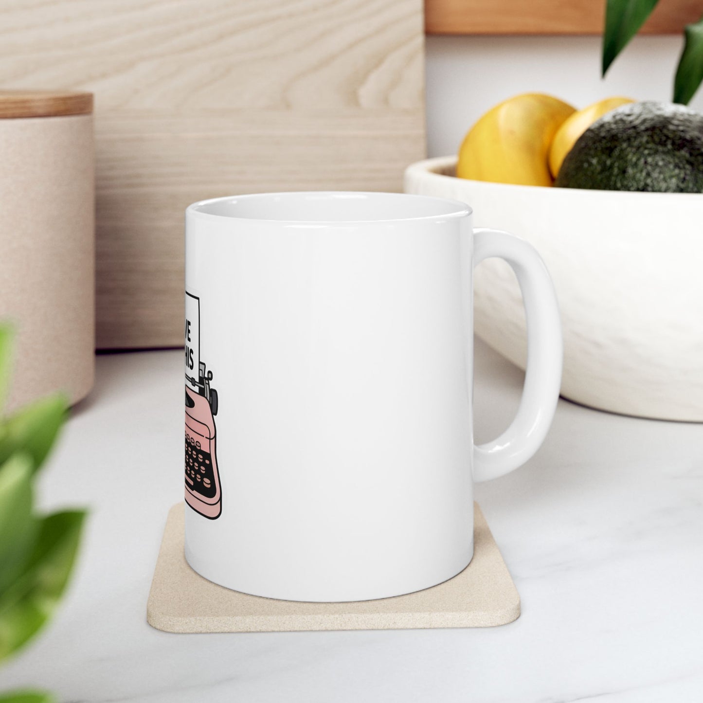 White mug with pink typewriter design and text "Create things".