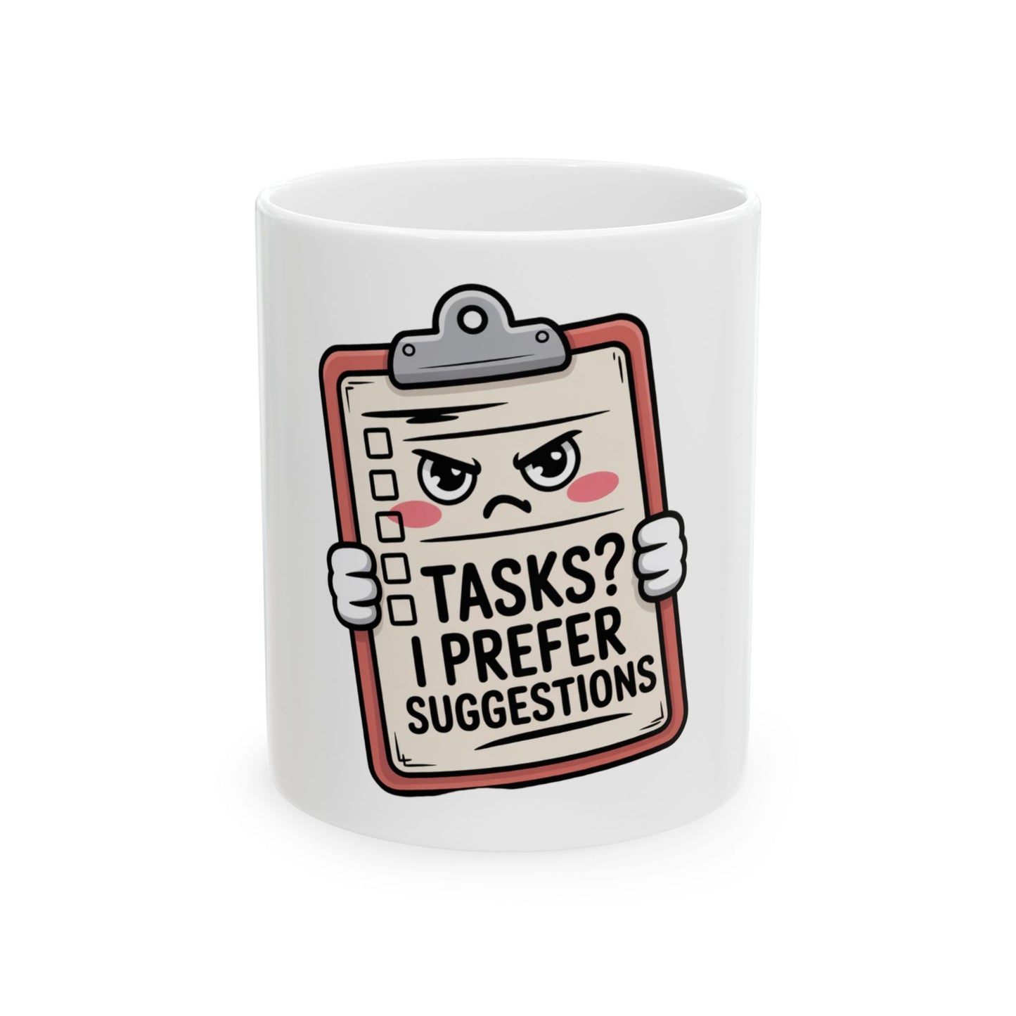 Mug with a clipboard design displaying "TASKS? I PREFER SUGGESTIONS."