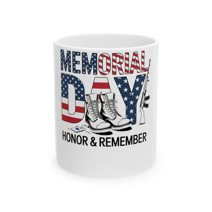 White mug with "Memorial Day" text, US flag, boots, and rifle graphic.