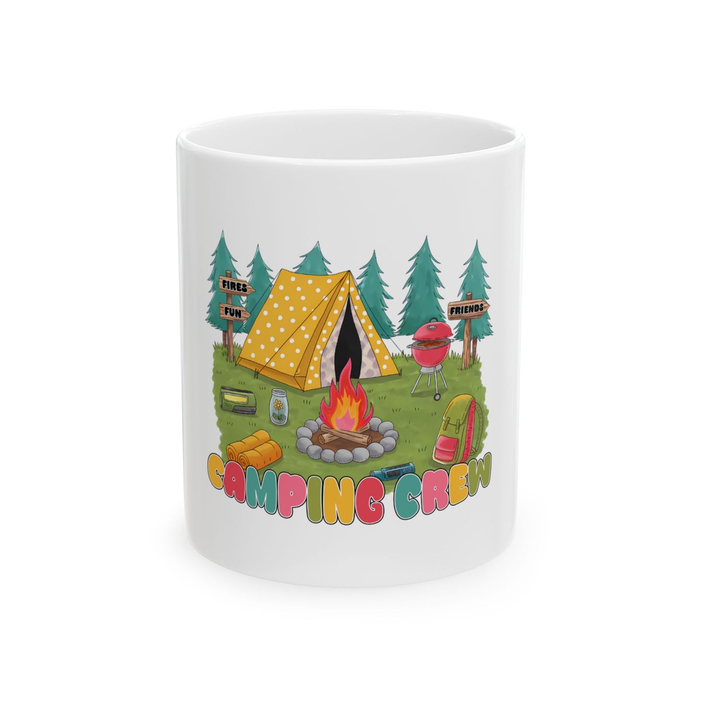 Camping scene with yellow tent, campfire, and text "Camping Crew".