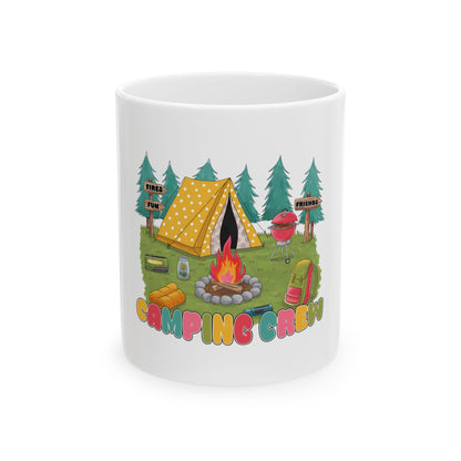 Camping scene with yellow tent, campfire, and text "Camping Crew".