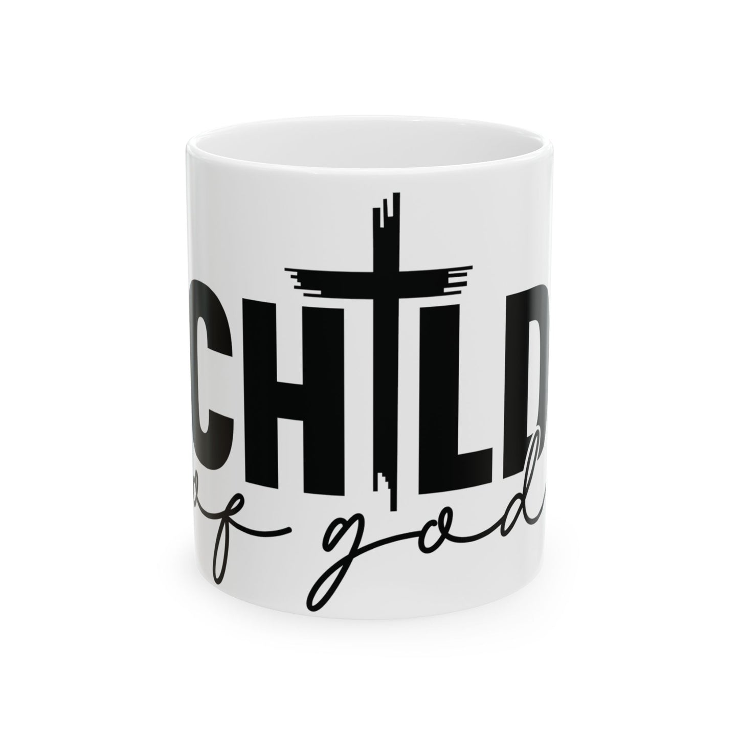 White mug with "CHILD of GOD" text and a black cross graphic.
