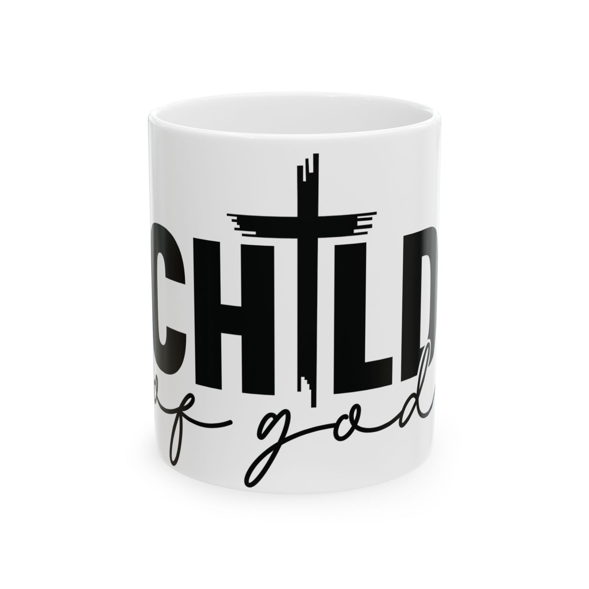 White mug with "CHILD of GOD" text and a black cross graphic.
