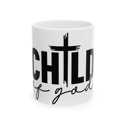 White mug with "CHILD of GOD" text and a black cross graphic.