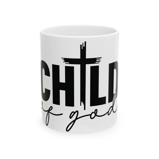 White mug with "CHILD of GOD" text and a black cross graphic.