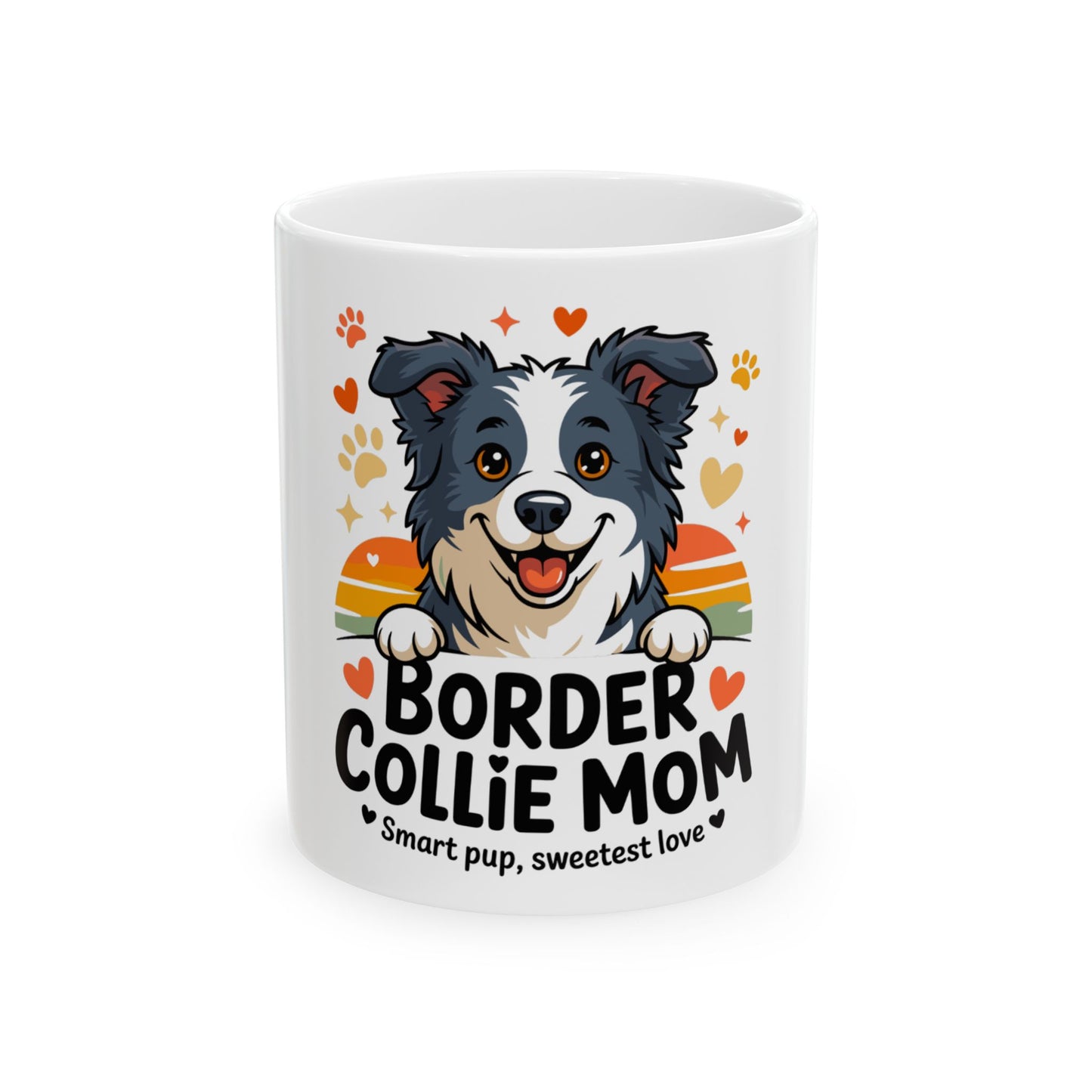Border Collie Mom mug with dog, hearts, and paw prints.