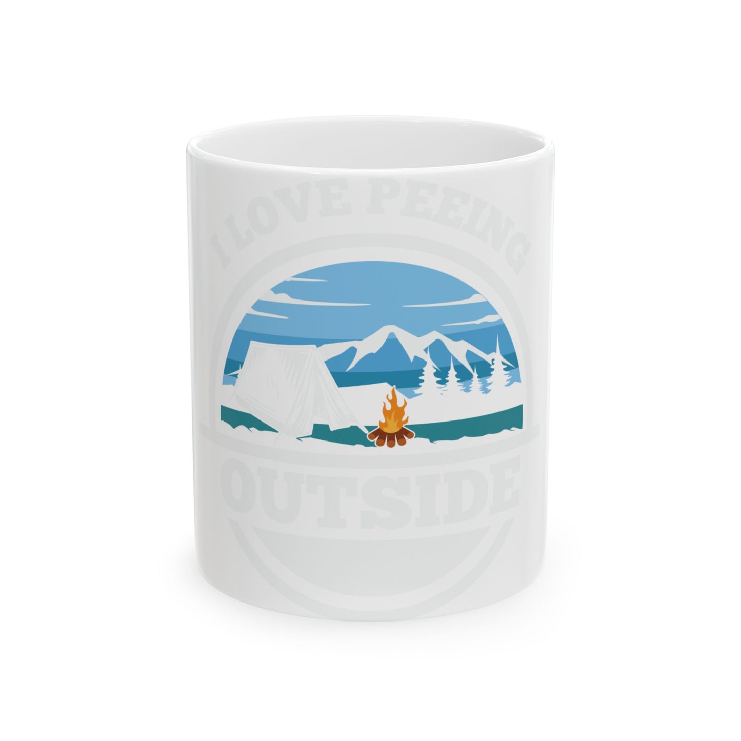 White mug with "I LOVE PEING OUTSIDE" text and camping scene.