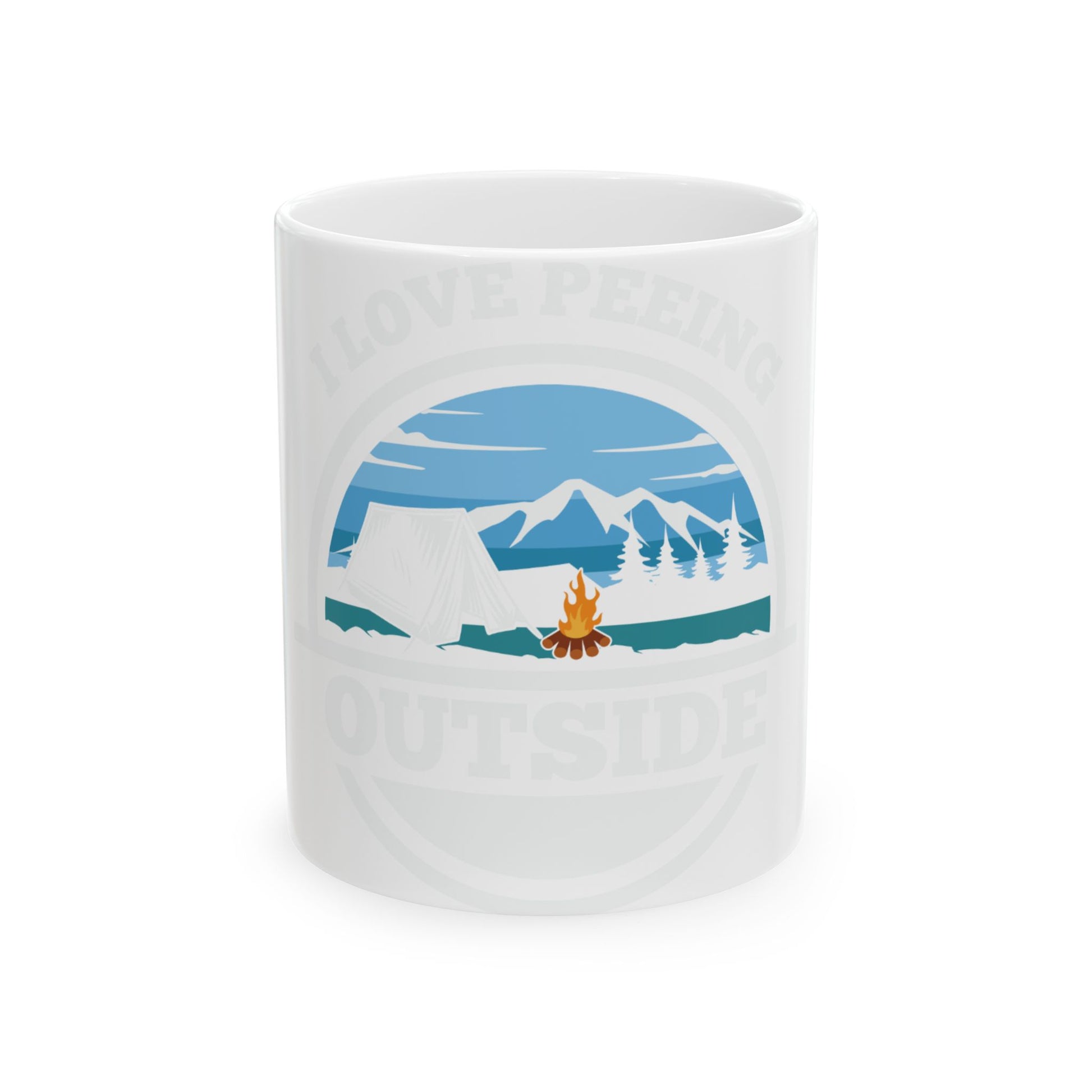 White mug with "I LOVE PEING OUTSIDE" text and camping scene.