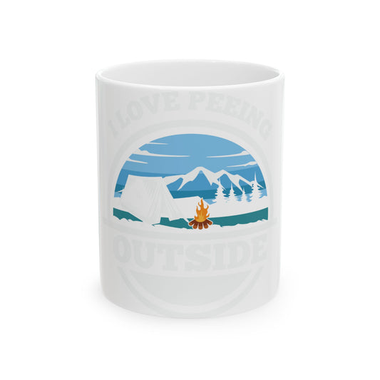 White mug with "I LOVE PEING OUTSIDE" text and camping scene.
