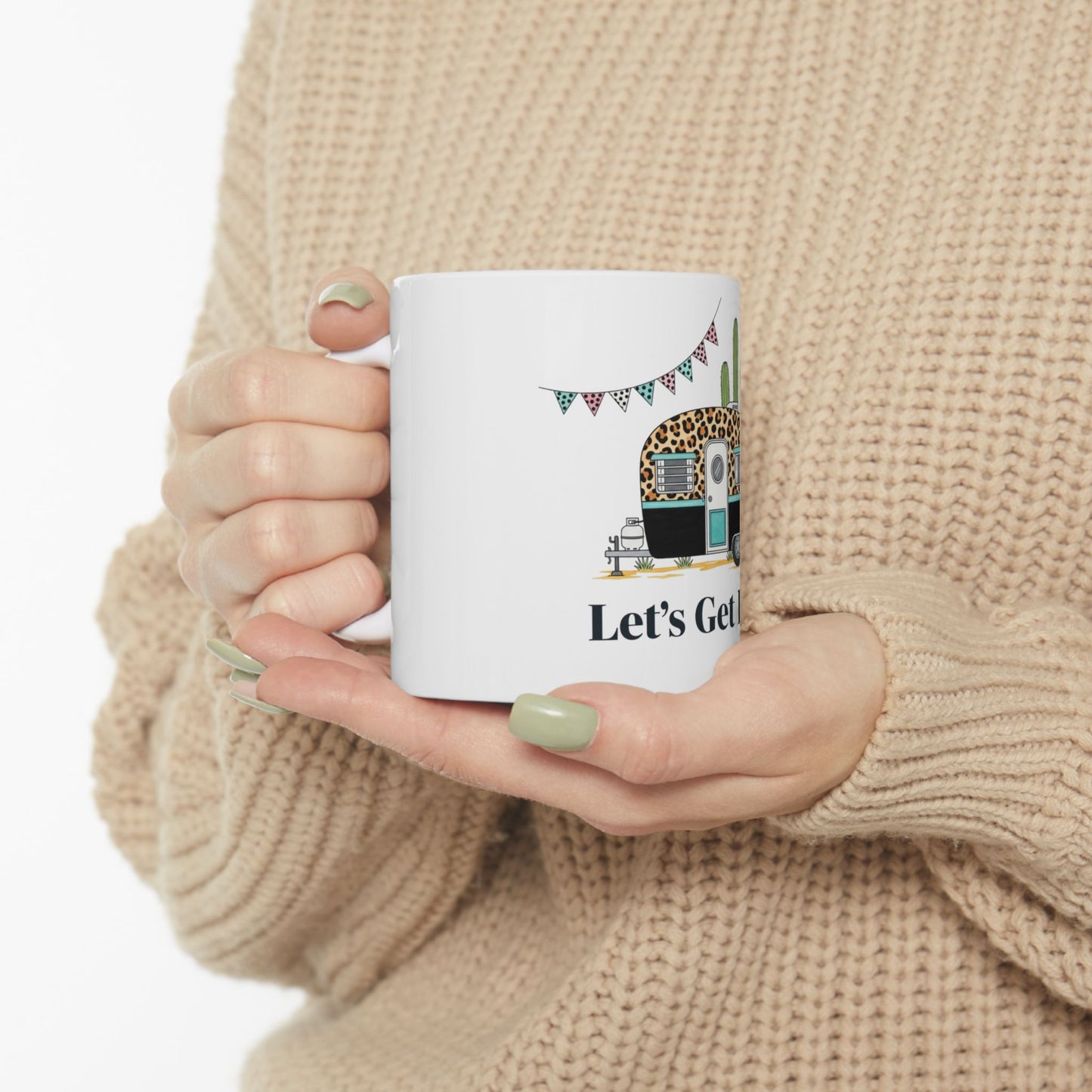 White mug with leopard print camper and cactus, "Let's Get" text.