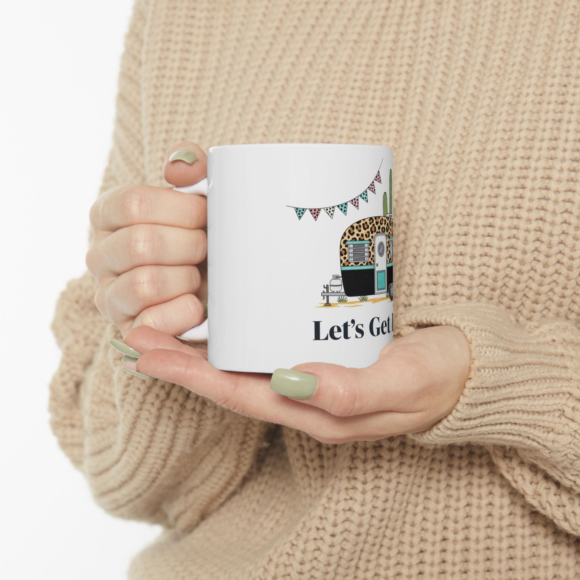 White mug with leopard print camper and cactus, "Let's Get" text.