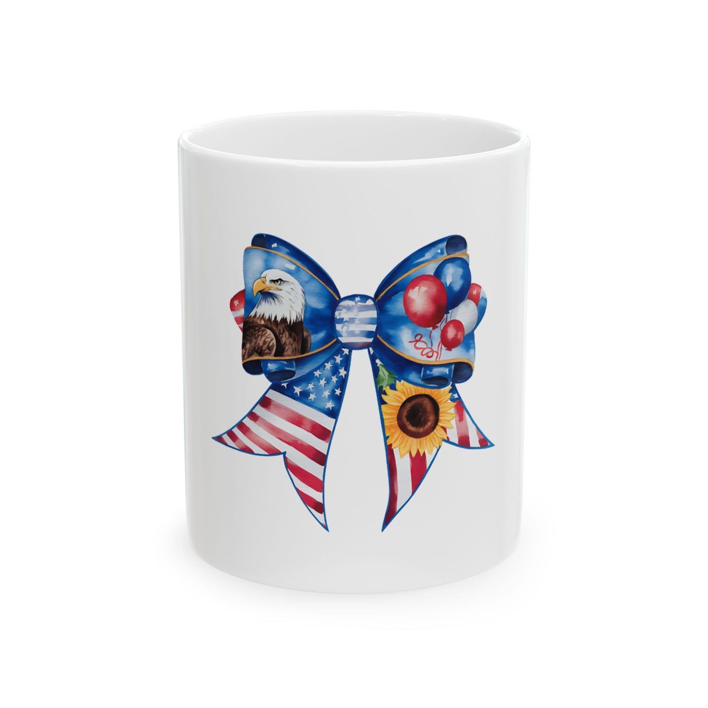 Patriotic bow with eagle, balloons, and sunflower on a white mug.