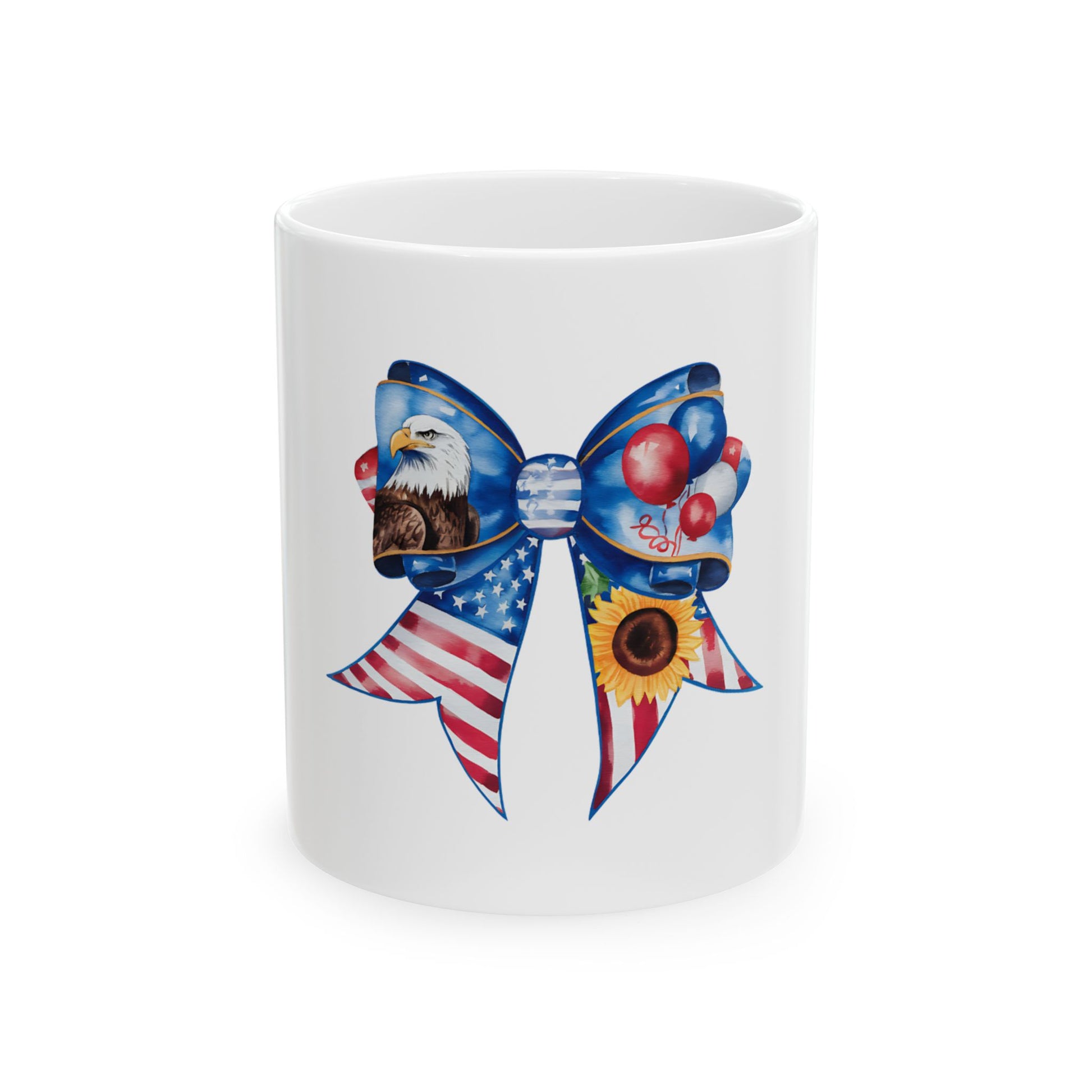 Patriotic bow with eagle, balloons, and sunflower on a white mug.